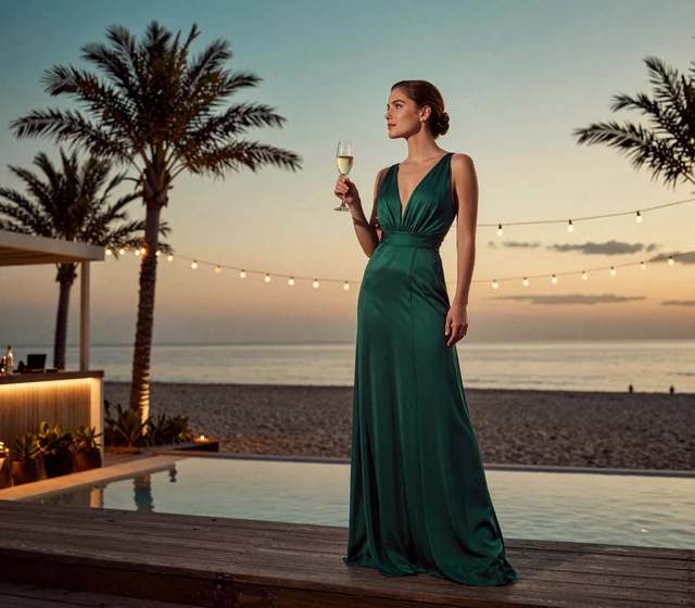 Elegante Frau im Abendkleid auf Strandterrasse bei Sonnenuntergang - OnlySpins VIP-Programm