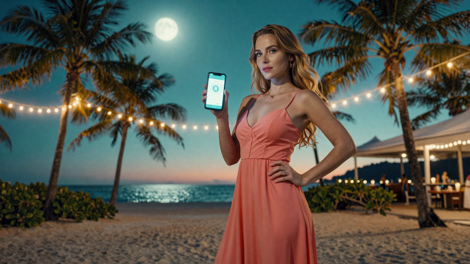 Frau im Korallenkleid mit Krypto-Zahlung am Handy am n&auml;chtlichen Strand - schnelle Auszahlungen im Online Casino echtgeld