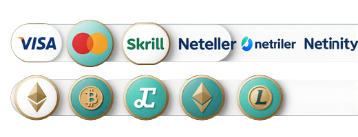 Zahlungslogos Visa, Mastercard, Skrill, Neteller, MiFinity und Krypto BTC, ETH, USDT, USDC, LTC, DOGE bei OnlySpins Casino